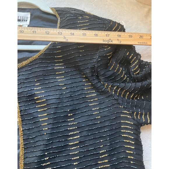 Leslie Fay Evenings Sz Medium-Large Beaded Formal Jacket Black & Gold Silk 90's - Picture 8 of 13